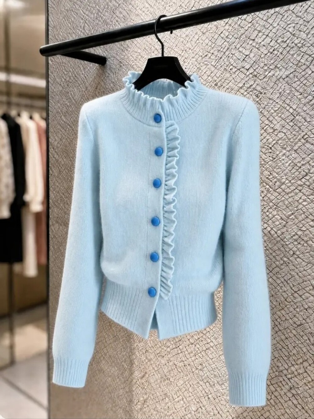 Ruffle Stand Collar Contrast Color Button Vertical Rib Cardigan, Elegant